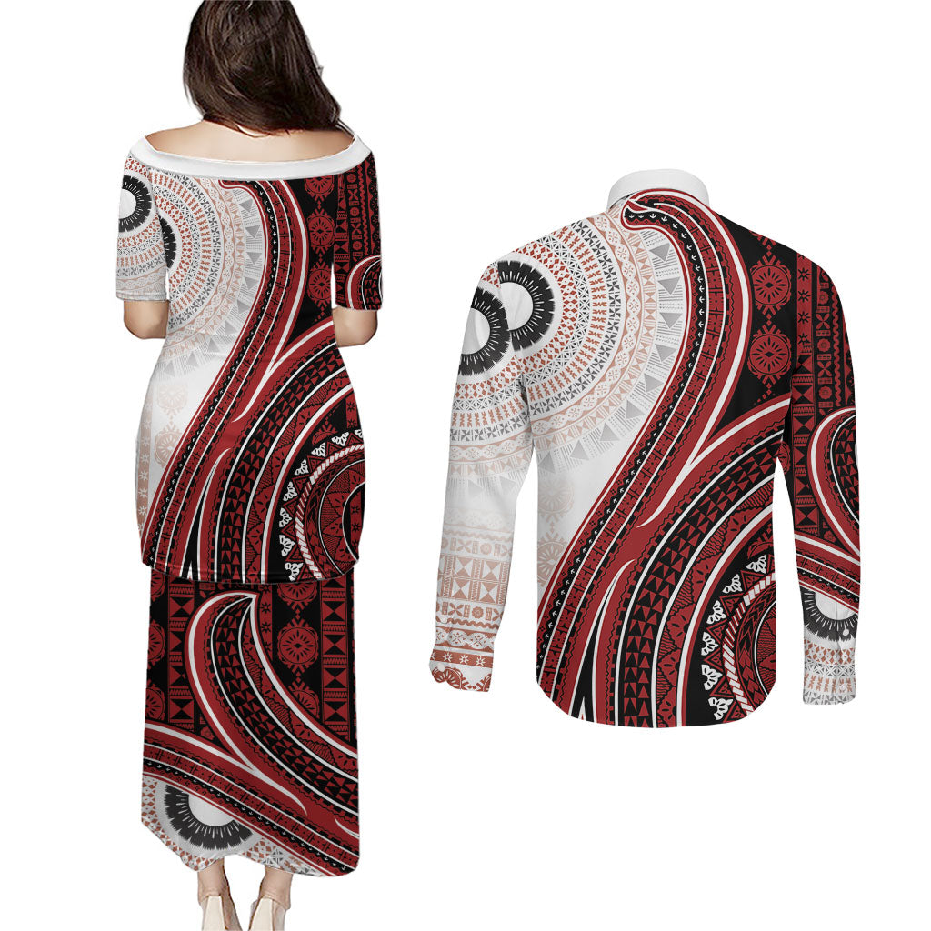 Bula Fiji Vintage Tapa Couples Matching Puletasi and Long Sleeve Button Shirt Kaivity Masi Wave Motifs - Red LT7 - Polynesian Pride