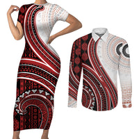 Bula Fiji Vintage Tapa Couples Matching Short Sleeve Bodycon Dress and Long Sleeve Button Shirt Kaivity Masi Wave Motifs - Red