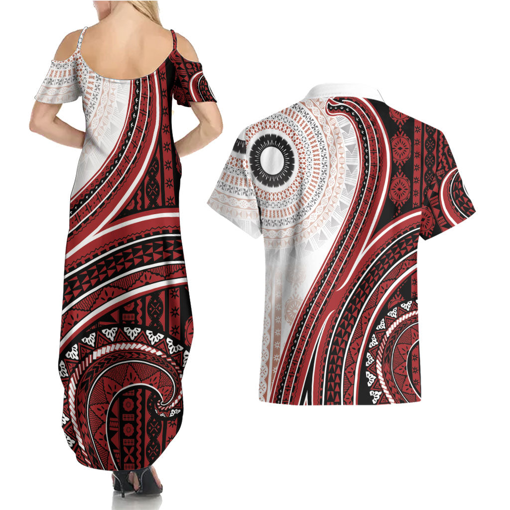 Bula Fiji Vintage Tapa Couples Matching Summer Maxi Dress and Hawaiian Shirt Kaivity Masi Wave Motifs - Red