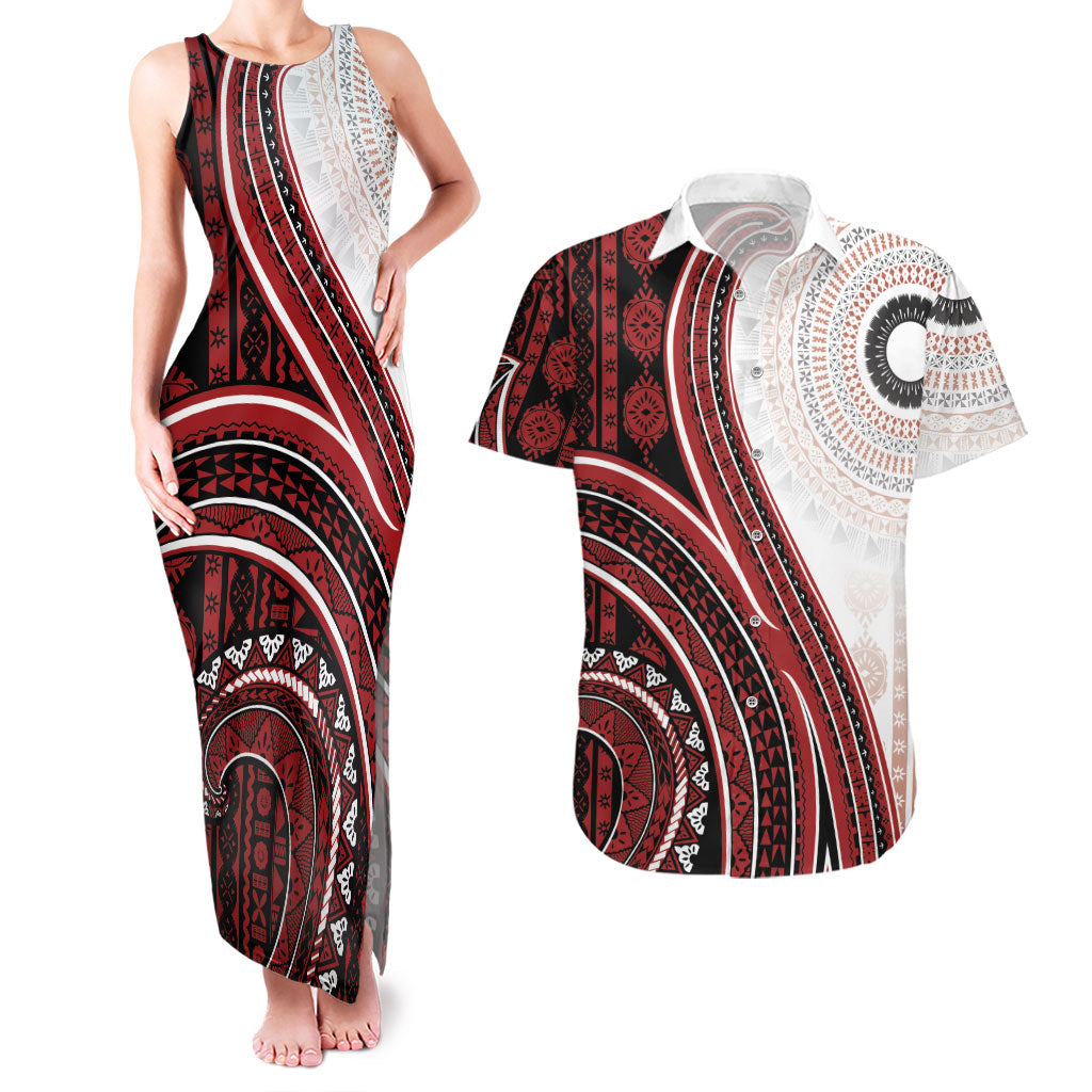 Bula Fiji Vintage Tapa Couples Matching Tank Maxi Dress and Hawaiian Shirt Kaivity Masi Wave Motifs - Red