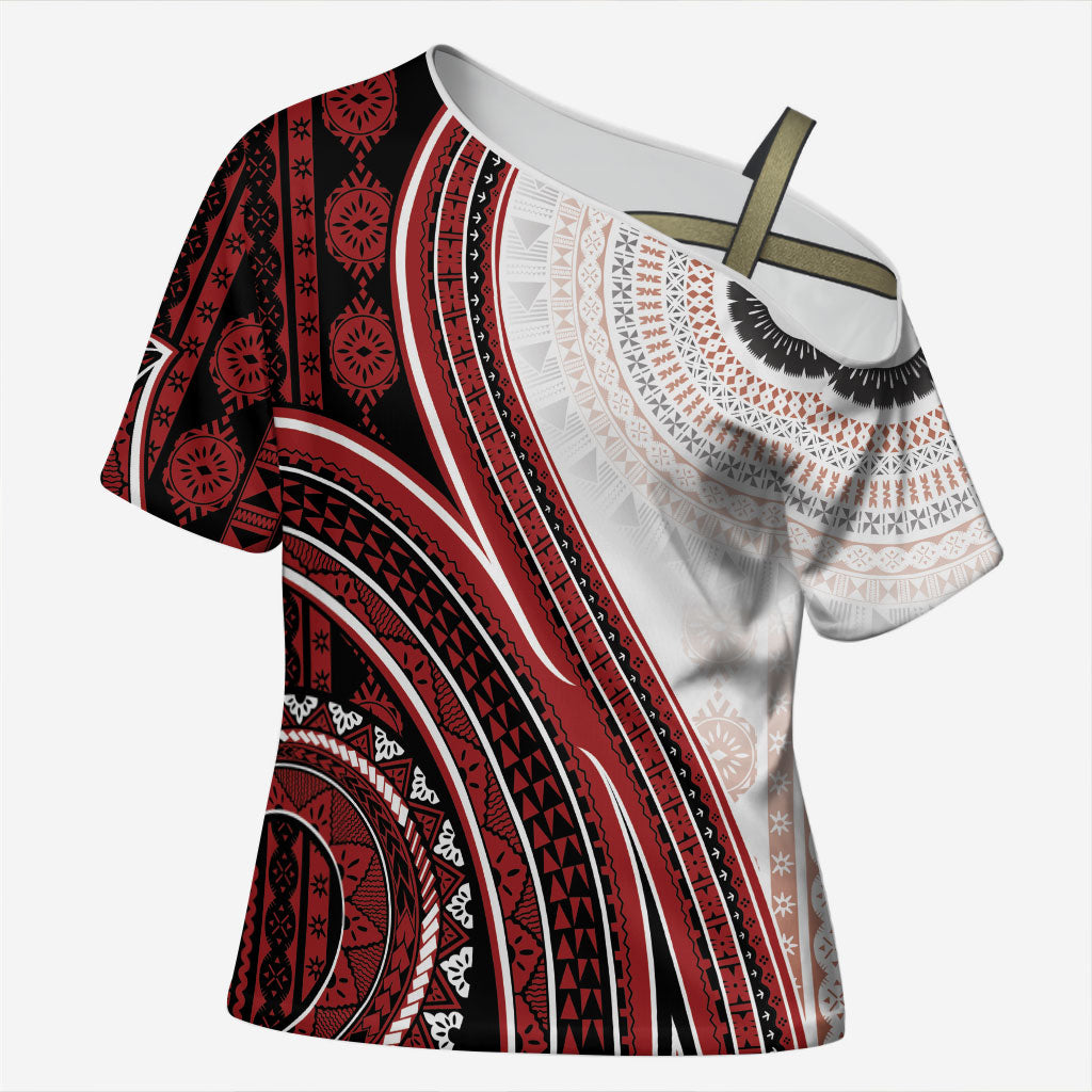 Bula Fiji Vintage Tapa Cross Shoulder Shirt Kaivity Masi Wave Motifs - Red LT7 Female Red - Polynesian Pride