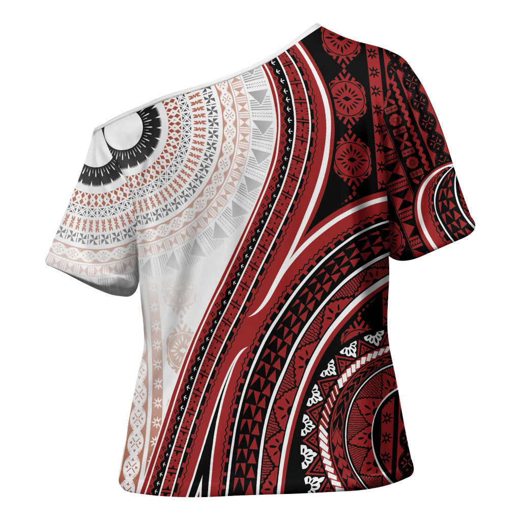 Bula Fiji Vintage Tapa Cross Shoulder Shirt Kaivity Masi Wave Motifs - Red LT7 - Polynesian Pride