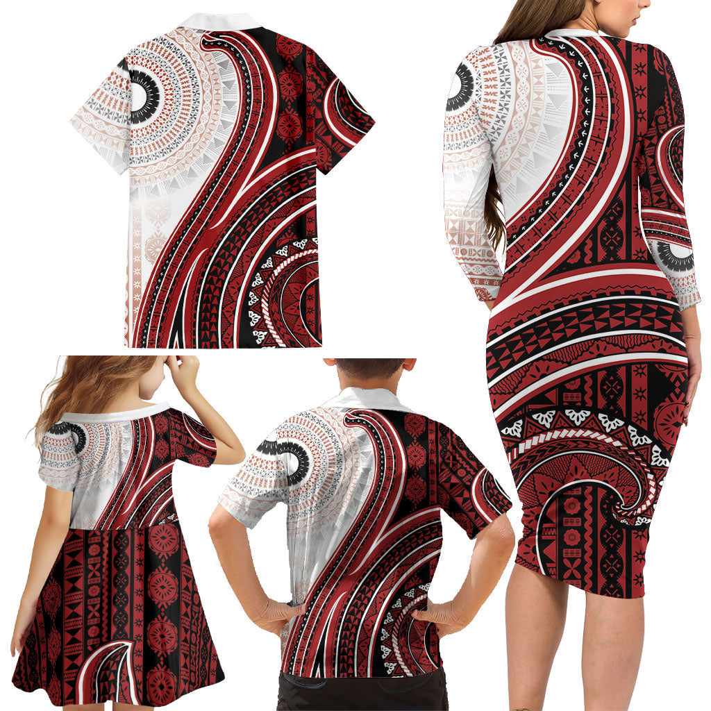 Bula Fiji Vintage Tapa Family Matching Long Sleeve Bodycon Dress and Hawaiian Shirt Kaivity Masi Wave Motifs - Red