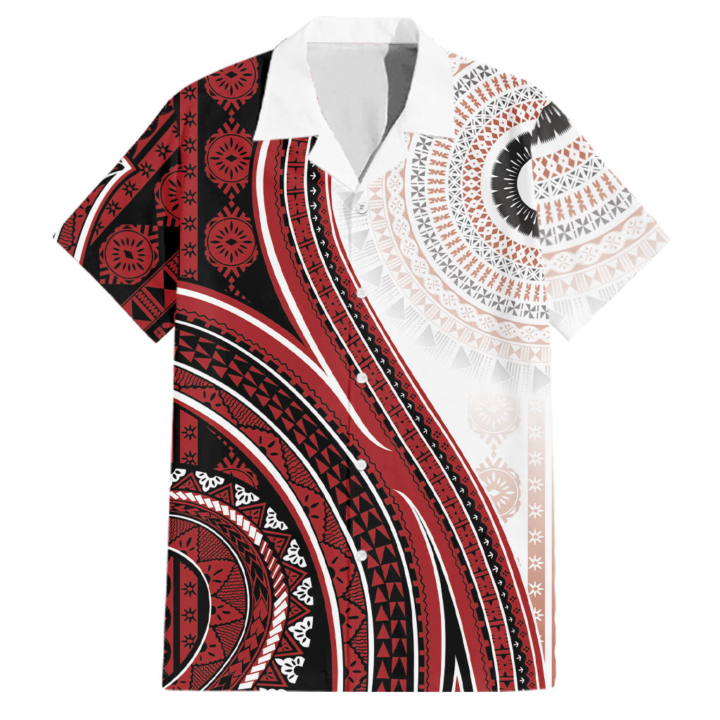 Bula Fiji Vintage Tapa Family Matching Long Sleeve Bodycon Dress and Hawaiian Shirt Kaivity Masi Wave Motifs - Red