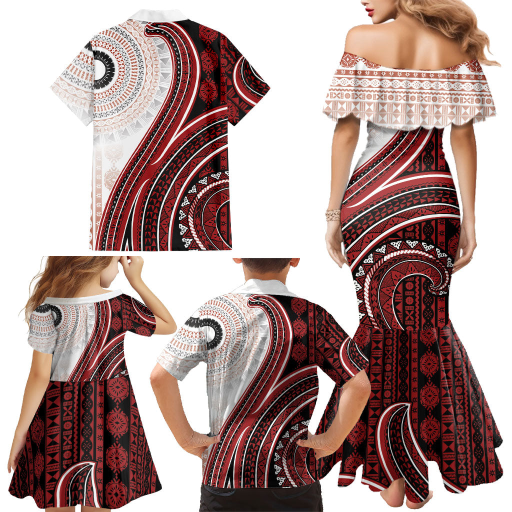 Bula Fiji Vintage Tapa Family Matching Mermaid Dress and Hawaiian Shirt Kaivity Masi Wave Motifs - Red