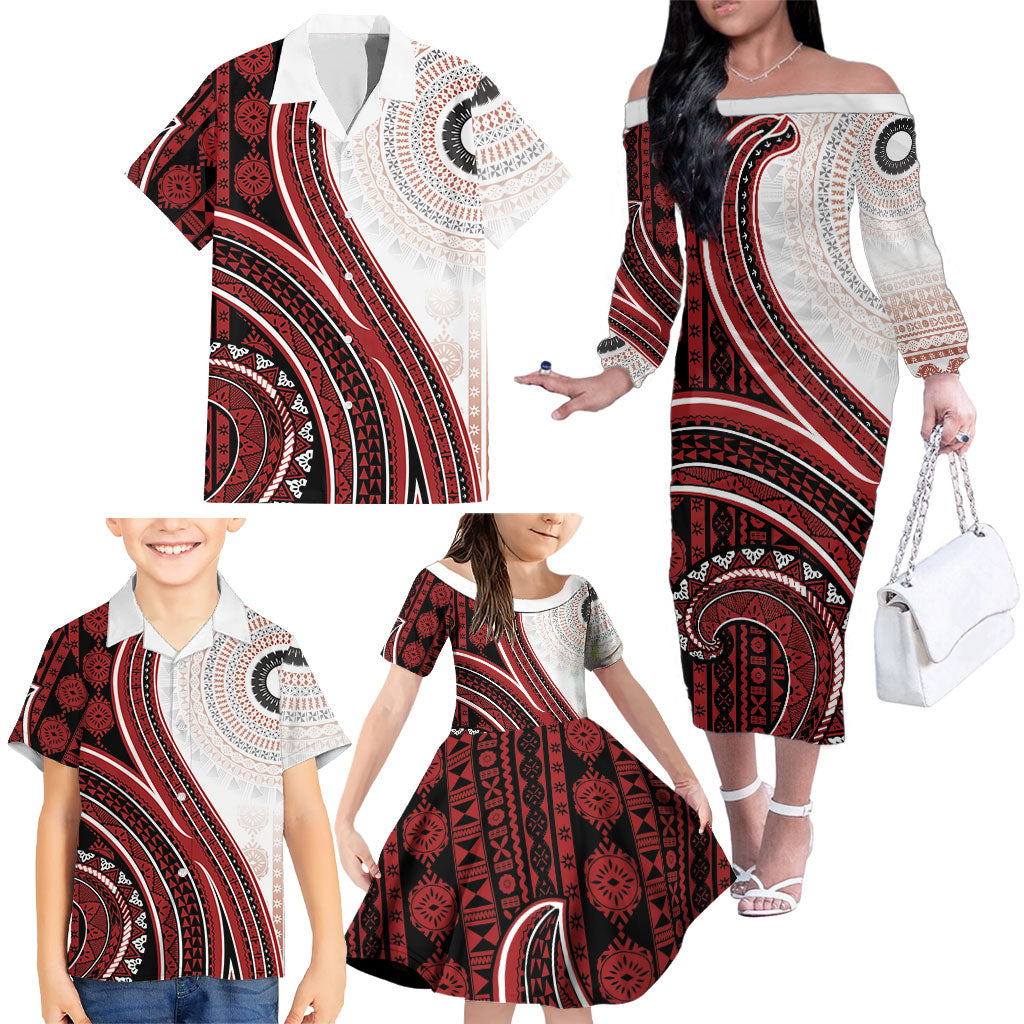 Bula Fiji Vintage Tapa Family Matching Off The Shoulder Long Sleeve Dress and Hawaiian Shirt Kaivity Masi Wave Motifs - Red