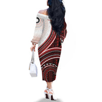 Bula Fiji Vintage Tapa Family Matching Off The Shoulder Long Sleeve Dress and Hawaiian Shirt Kaivity Masi Wave Motifs - Red