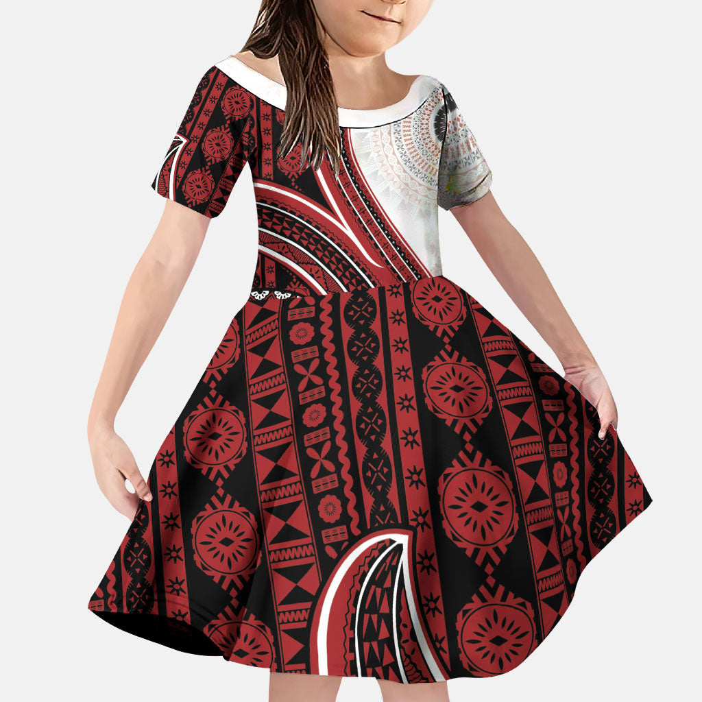 Bula Fiji Vintage Tapa Family Matching Off Shoulder Short Dress and Hawaiian Shirt Kaivity Masi Wave Motifs - Red