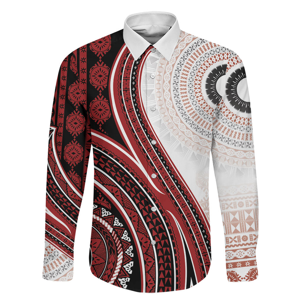 Bula Fiji Vintage Tapa Family Matching Off Shoulder Short Dress and Hawaiian Shirt Kaivity Masi Wave Motifs - Red