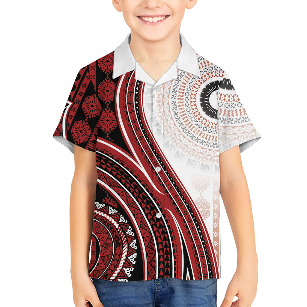Bula Fiji Vintage Tapa Family Matching Off Shoulder Short Dress and Hawaiian Shirt Kaivity Masi Wave Motifs - Red