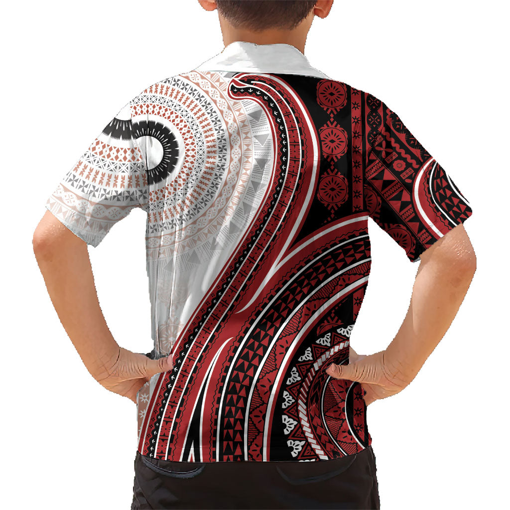 Bula Fiji Vintage Tapa Family Matching Puletasi and Hawaiian Shirt Kaivity Masi Wave Motifs - Red