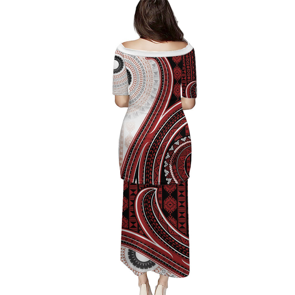 Bula Fiji Vintage Tapa Family Matching Puletasi and Hawaiian Shirt Kaivity Masi Wave Motifs - Red