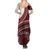 Bula Fiji Vintage Tapa Family Matching Summer Maxi Dress and Hawaiian Shirt Kaivity Masi Wave Motifs - Red