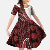 Bula Fiji Vintage Tapa Family Matching Tank Maxi Dress and Hawaiian Shirt Kaivity Masi Wave Motifs - Red