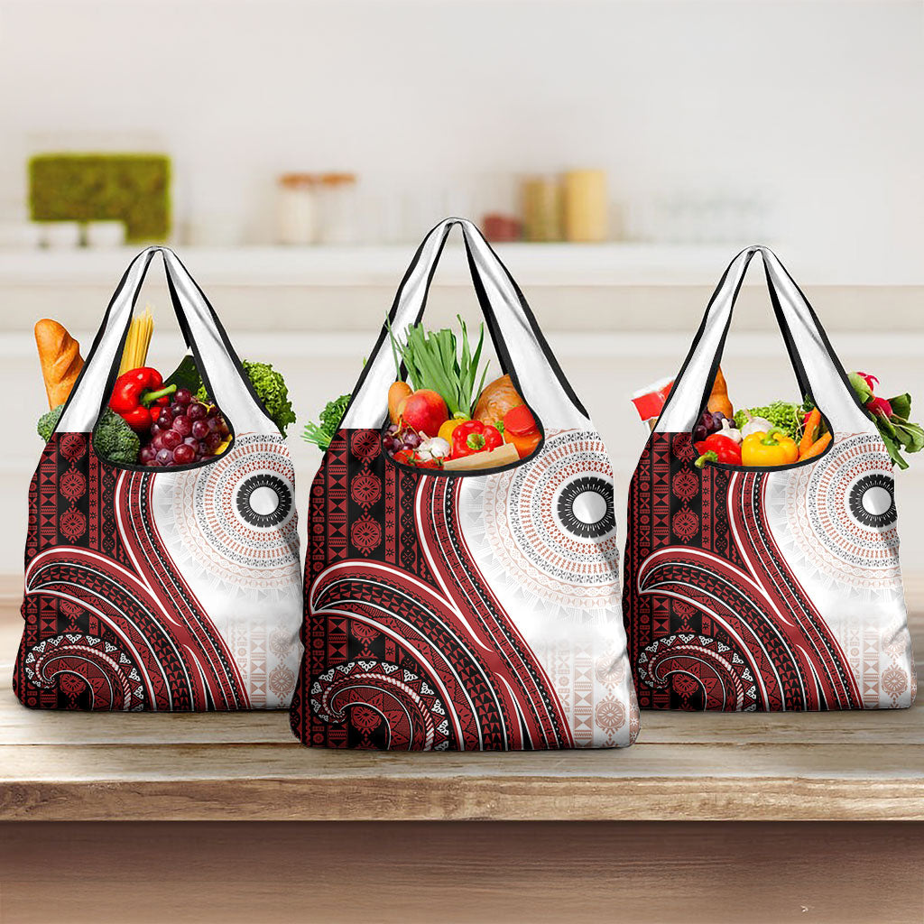 Bula Fiji Vintage Tapa Grocery Bag Kaivity Masi Wave Motifs - Red