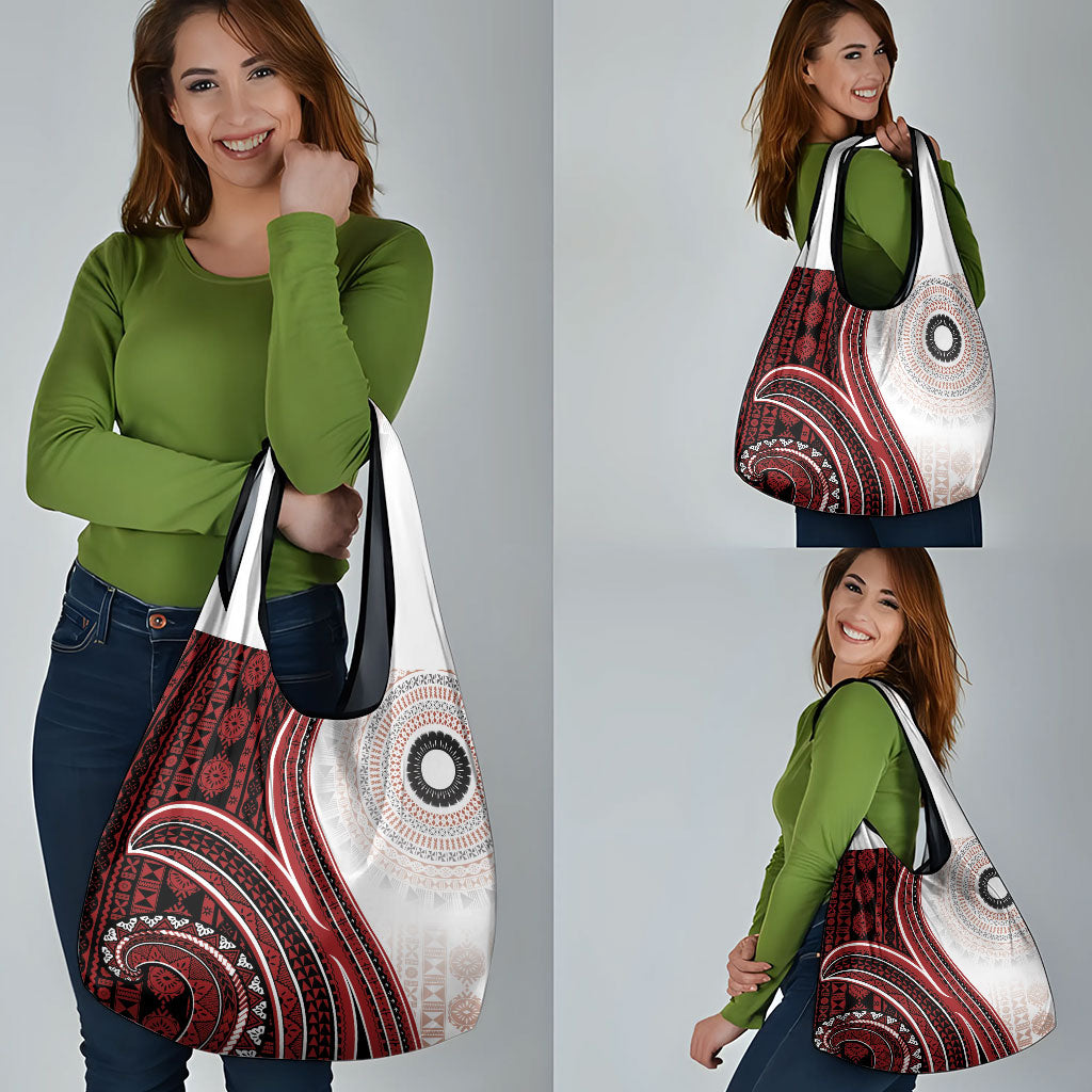 Bula Fiji Vintage Tapa Grocery Bag Kaivity Masi Wave Motifs - Red