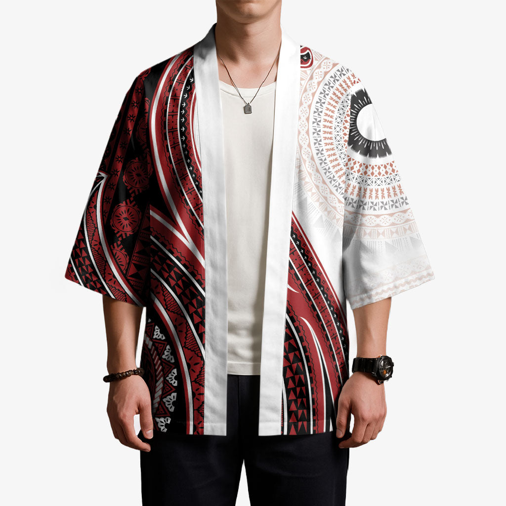 Bula Fiji Vintage Tapa Kimono Kaivity Masi Wave Motifs - Red LT7 - Polynesian Pride