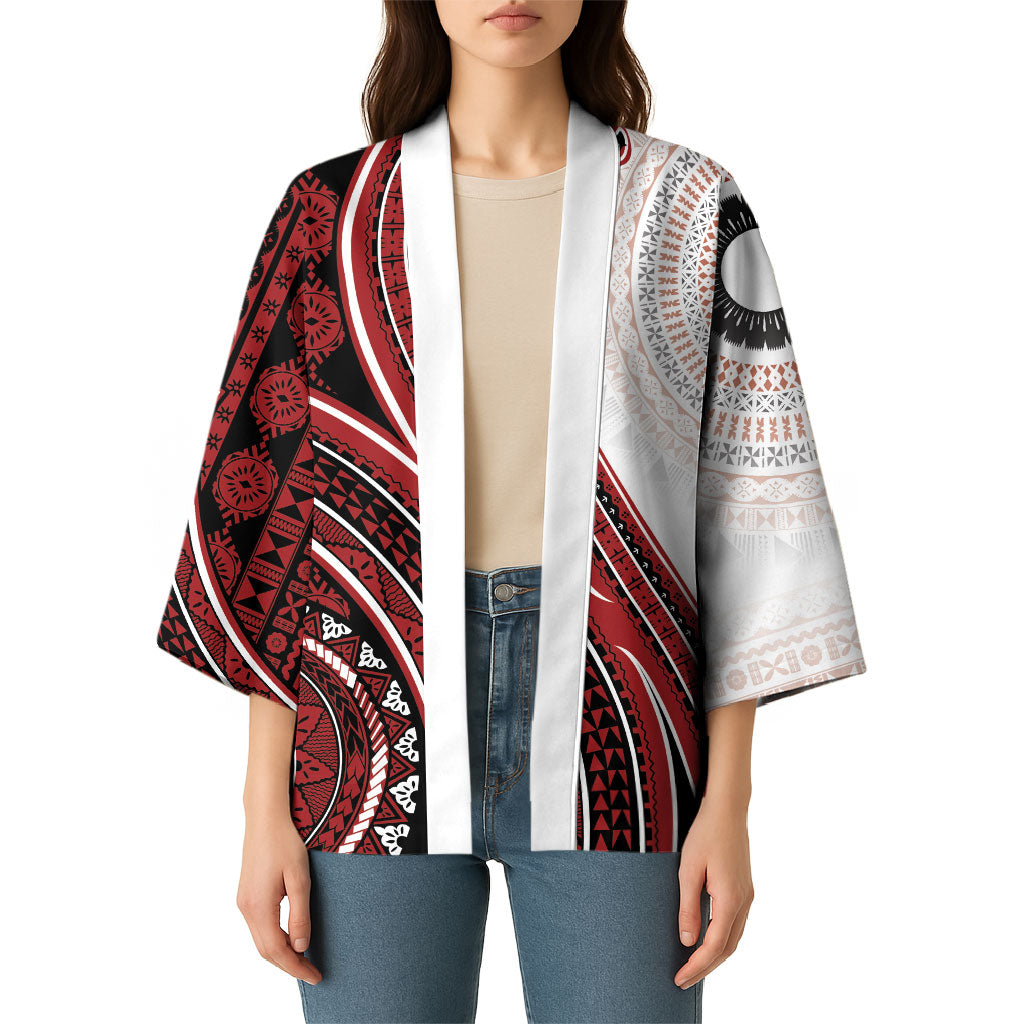 Bula Fiji Vintage Tapa Kimono Kaivity Masi Wave Motifs - Red LT7 - Polynesian Pride