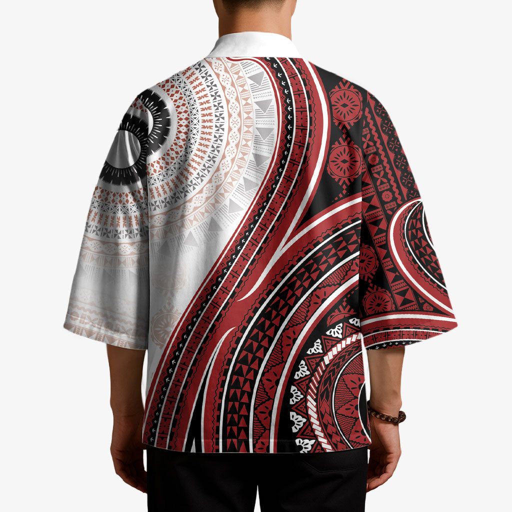 Bula Fiji Vintage Tapa Kimono Kaivity Masi Wave Motifs - Red LT7 - Polynesian Pride
