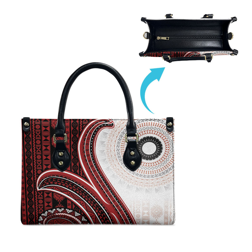 Bula Fiji Vintage Tapa Leather Bag Kaivity Masi Wave Motifs - Red