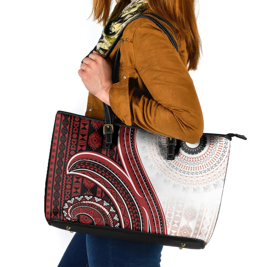 Bula Fiji Vintage Tapa Leather Tote Bag Kaivity Masi Wave Motifs - Red