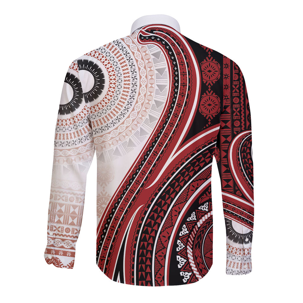 Bula Fiji Vintage Tapa Long Sleeve Button Shirt Kaivity Masi Wave Motifs - Red