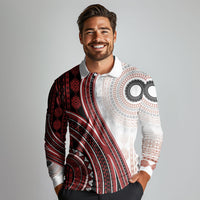 Bula Fiji Vintage Tapa Long Sleeve Polo Shirt Kaivity Masi Wave Motifs - Red