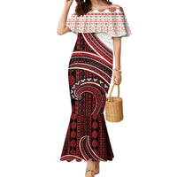 Bula Fiji Vintage Tapa Mermaid Dress Kaivity Masi Wave Motifs - Red