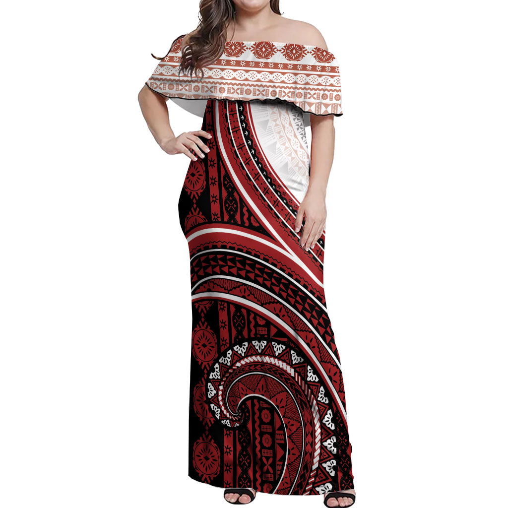 Bula Fiji Vintage Tapa Off Shoulder Maxi Dress Kaivity Masi Wave Motifs - Red LT7 Women Red - Polynesian Pride