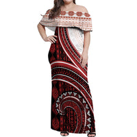 Bula Fiji Vintage Tapa Off Shoulder Maxi Dress Kaivity Masi Wave Motifs - Red LT7 Women Red - Polynesian Pride