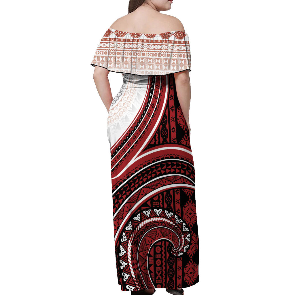 Bula Fiji Vintage Tapa Off Shoulder Maxi Dress Kaivity Masi Wave Motifs - Red LT7 - Polynesian Pride