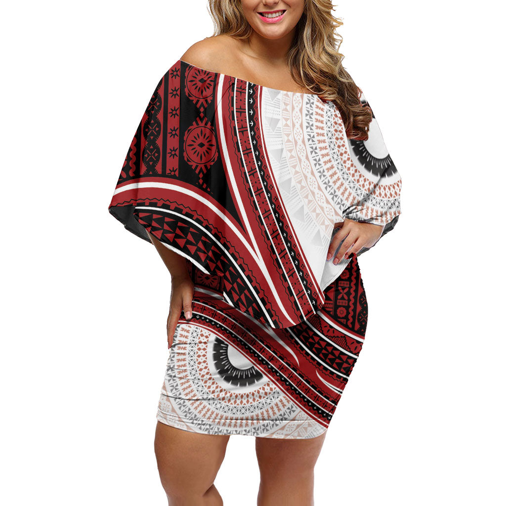 Bula Fiji Vintage Tapa Off Shoulder Short Dress Kaivity Masi Wave Motifs - Red LT7 Women Red - Polynesian Pride