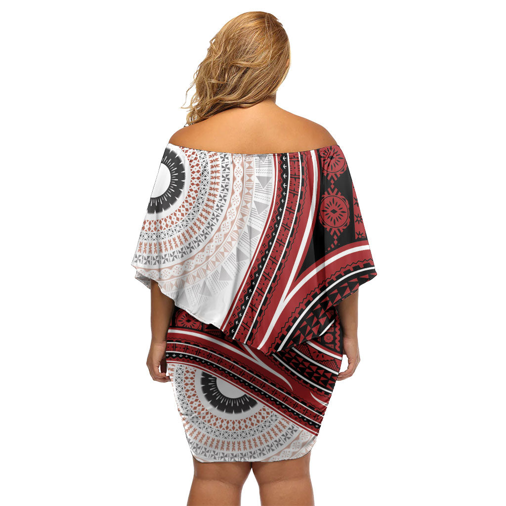 Bula Fiji Vintage Tapa Off Shoulder Short Dress Kaivity Masi Wave Motifs - Red LT7 - Polynesian Pride