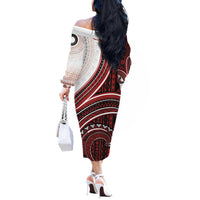 Bula Fiji Vintage Tapa Off The Shoulder Long Sleeve Dress Kaivity Masi Wave Motifs - Red