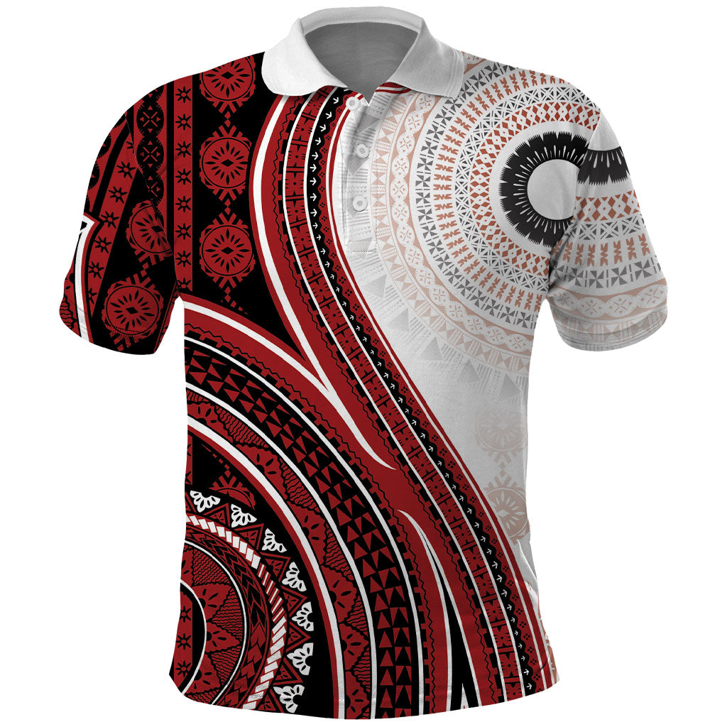 Bula Fiji Vintage Tapa Polo Shirt Kaivity Masi Wave Motifs - Red LT7 Red - Polynesian Pride