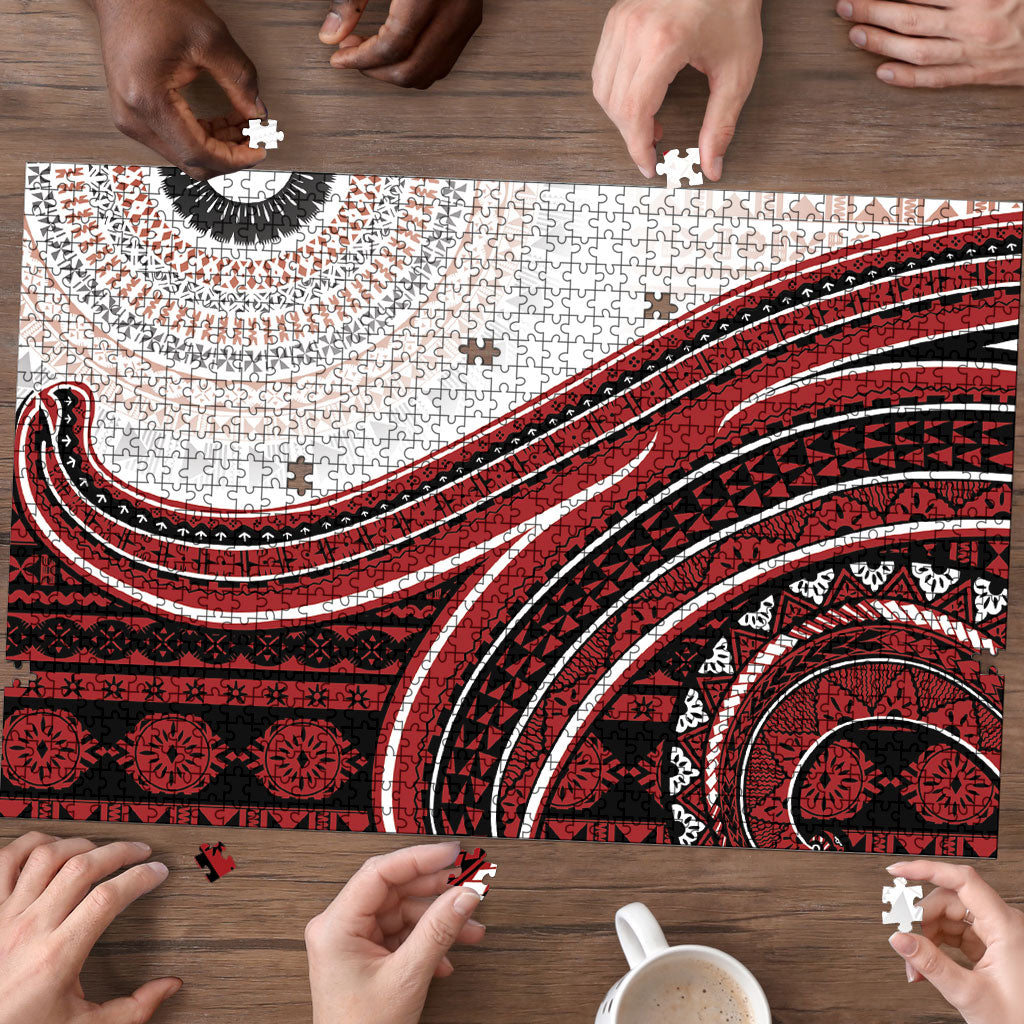Bula Fiji Vintage Tapa Puzzle Kaivity Masi Wave Motifs - Red LT7 - Polynesian Pride