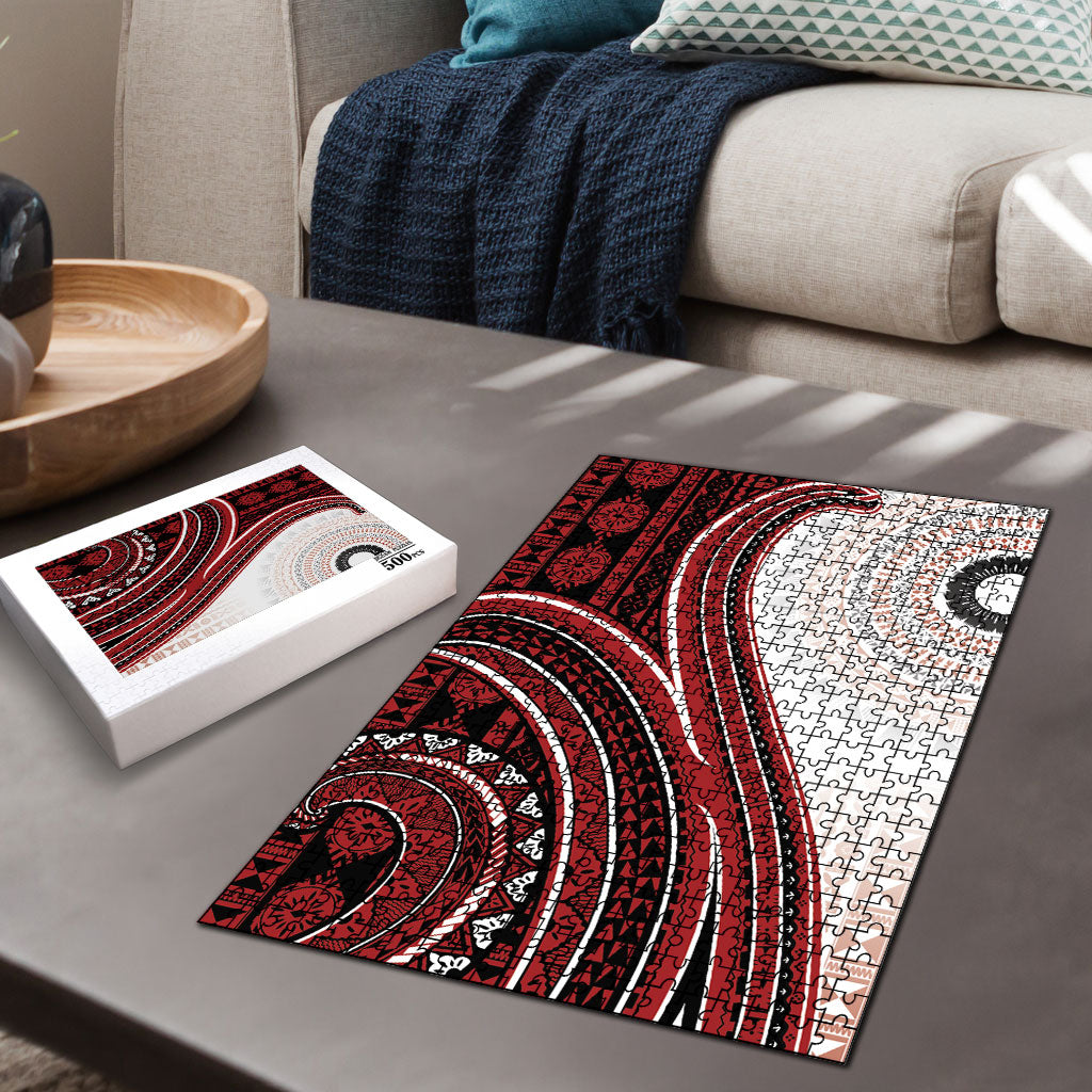 Bula Fiji Vintage Tapa Puzzle Kaivity Masi Wave Motifs - Red LT7 - Polynesian Pride