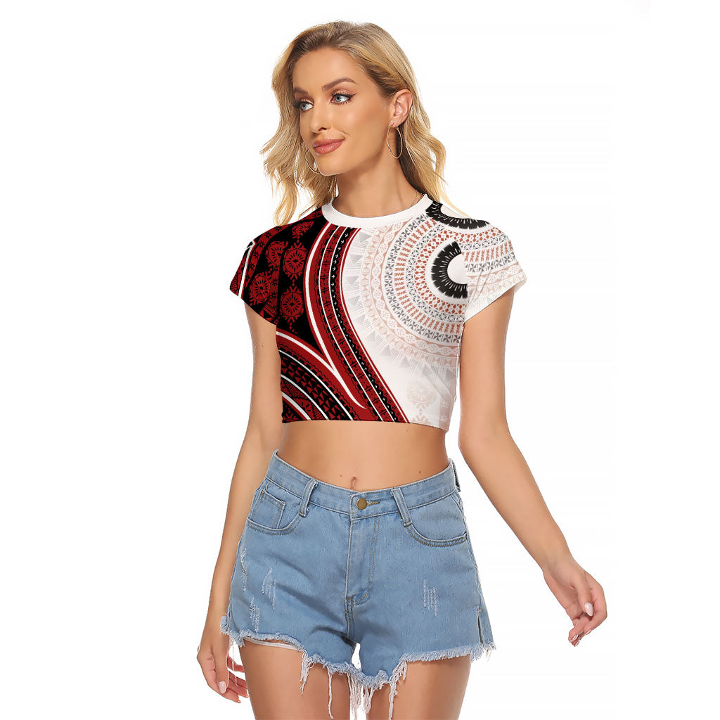 Bula Fiji Vintage Tapa Raglan Cropped T Shirt Kaivity Masi Wave Motifs - Red