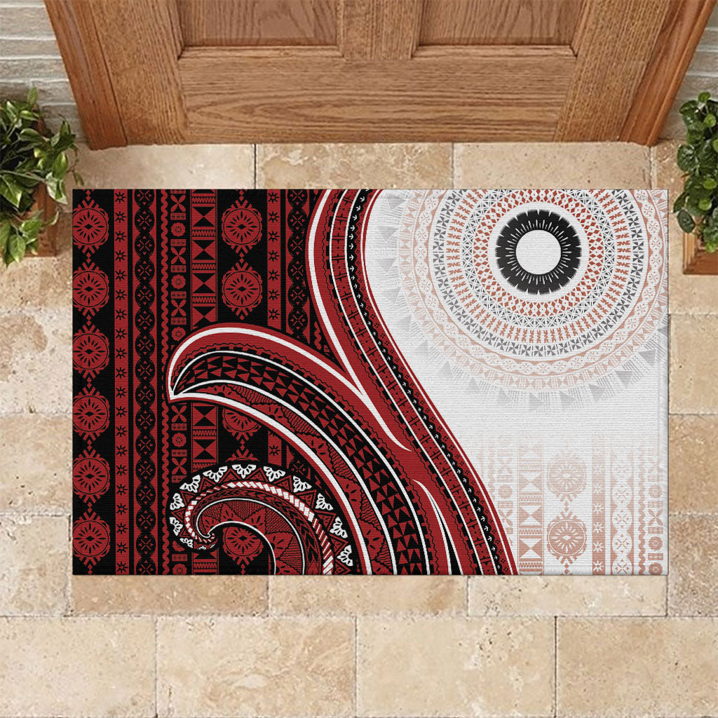 Bula Fiji Vintage Tapa Rubber Doormat Kaivity Masi Wave Motifs - Red