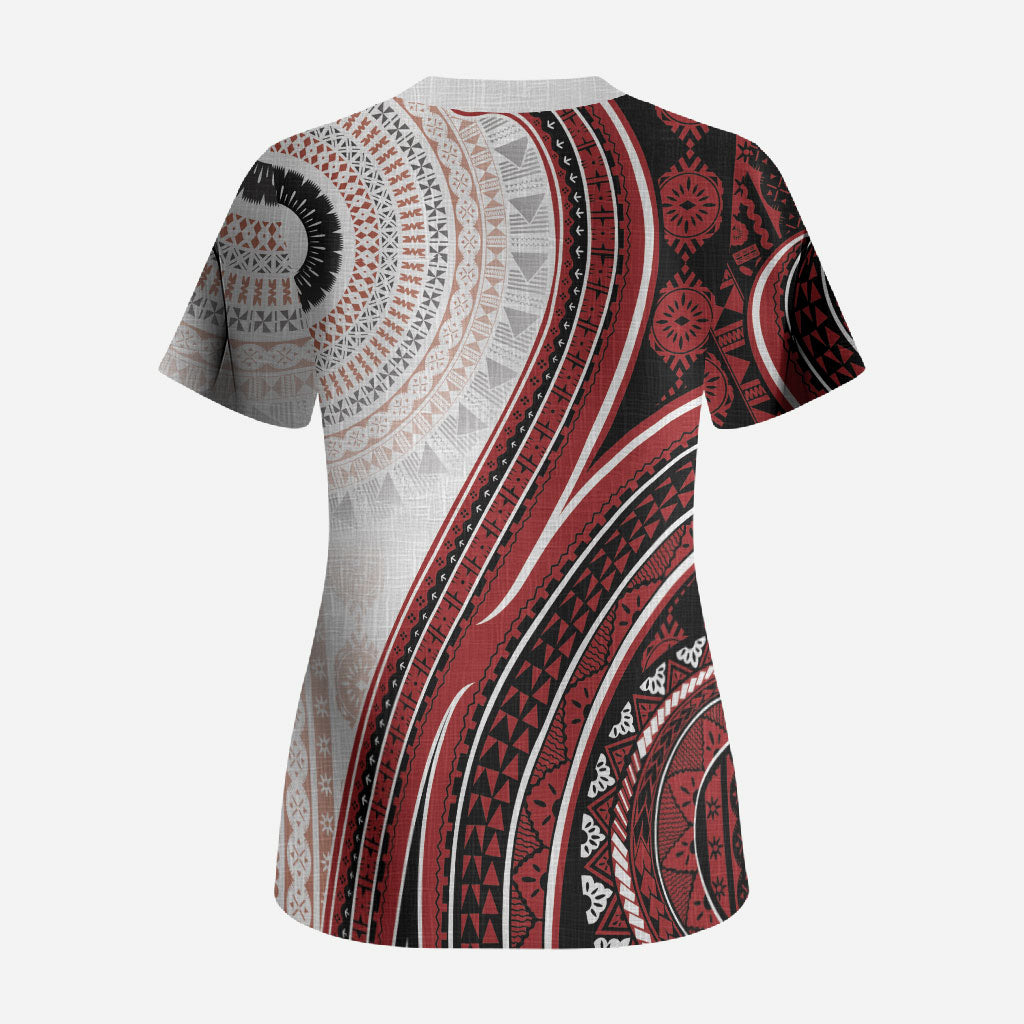Bula Fiji Vintage Tapa Scrub Top Kaivity Masi Wave Motifs - Red