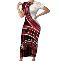 Bula Fiji Vintage Tapa Short Sleeve Bodycon Dress Kaivity Masi Wave Motifs - Red