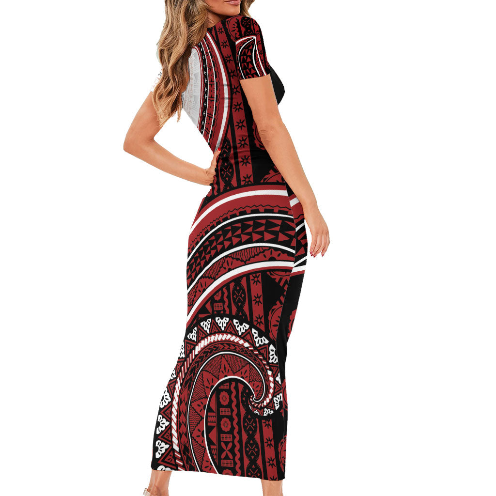Bula Fiji Vintage Tapa Short Sleeve Bodycon Dress Kaivity Masi Wave Motifs - Red