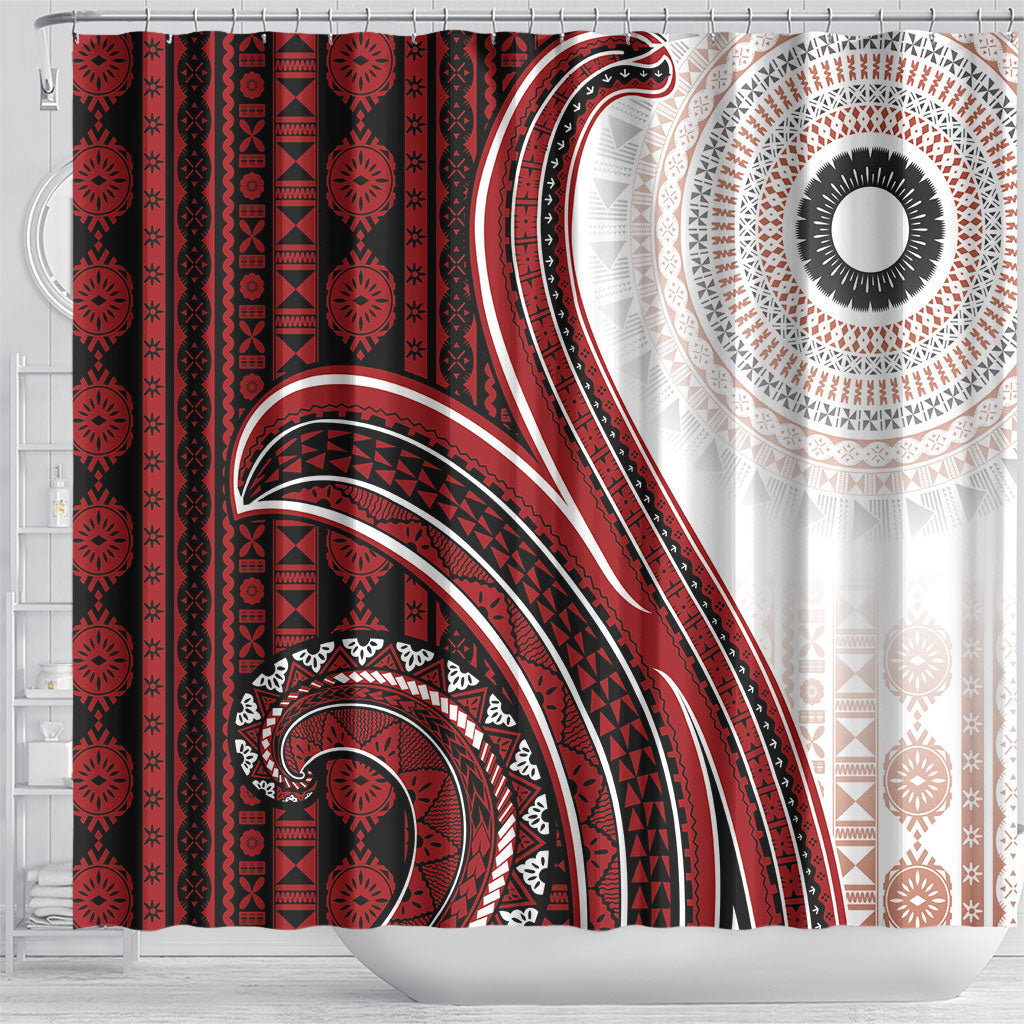 Bula Fiji Vintage Tapa Shower Curtain Kaivity Masi Wave Motifs - Red LT7 - Polynesian Pride