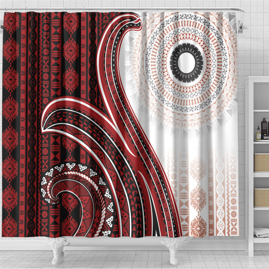 Bula Fiji Vintage Tapa Shower Curtain Kaivity Masi Wave Motifs - Red LT7 - Polynesian Pride