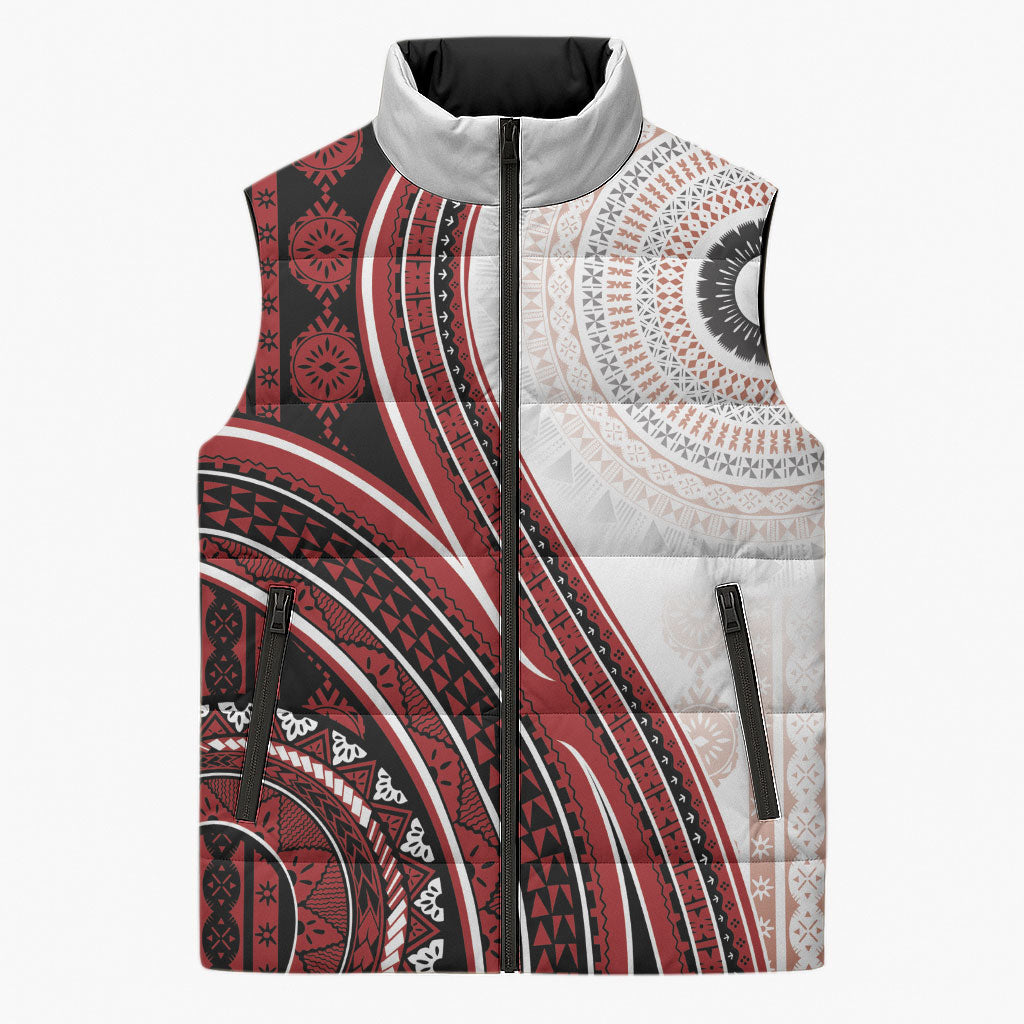 Bula Fiji Vintage Tapa Sleeveless Puffer Jacket Kaivity Masi Wave Motifs - Red