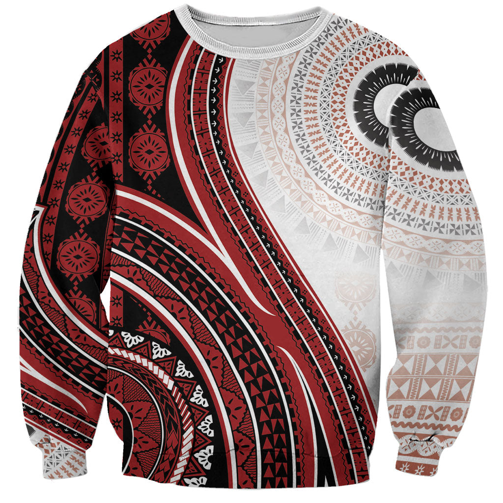 Bula Fiji Vintage Tapa Sweatshirt Kaivity Masi Wave Motifs - Red LT7 Unisex Red - Polynesian Pride