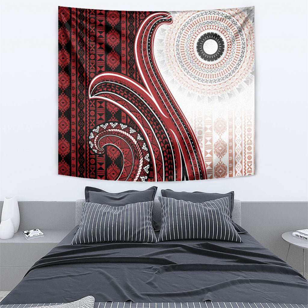 Bula Fiji Vintage Tapa Tapestry Kaivity Masi Wave Motifs - Red
