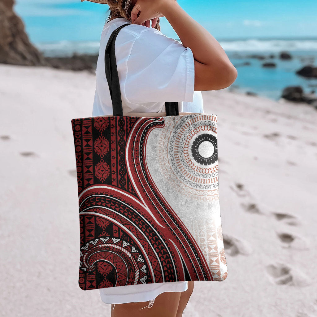 Bula Fiji Vintage Tapa Tote Bag Kaivity Masi Wave Motifs - Red