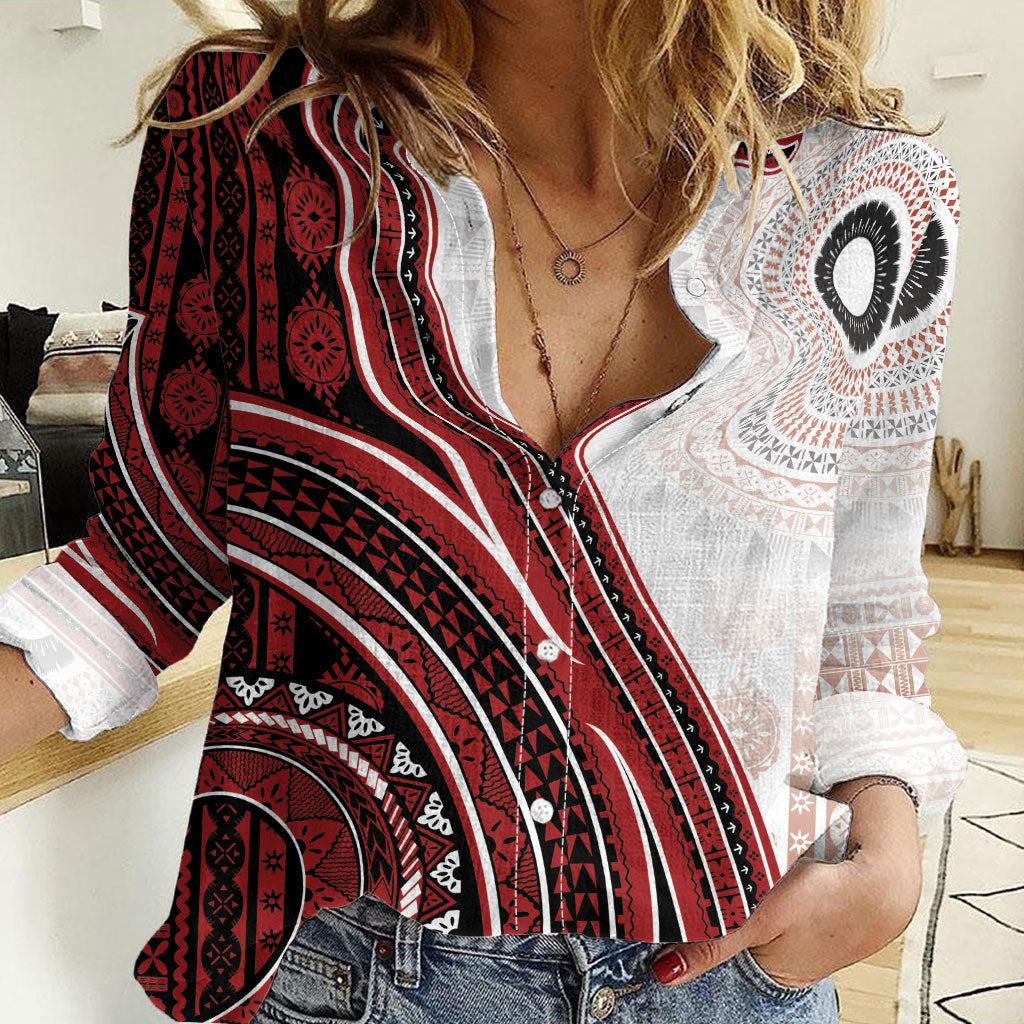 Bula Fiji Vintage Tapa Women Casual Shirt Kaivity Masi Wave Motifs - Red