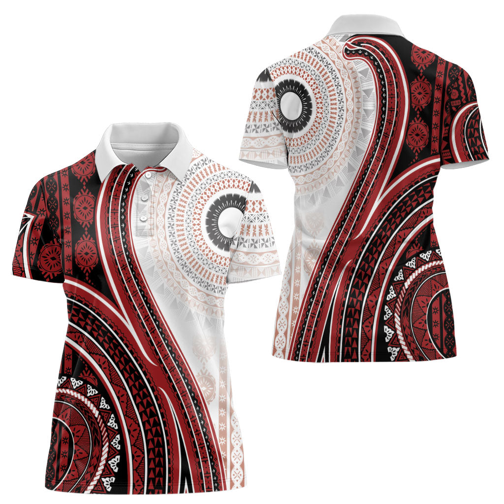 Bula Fiji Vintage Tapa Women Polo Shirt Kaivity Masi Wave Motifs - Red LT7 - Polynesian Pride